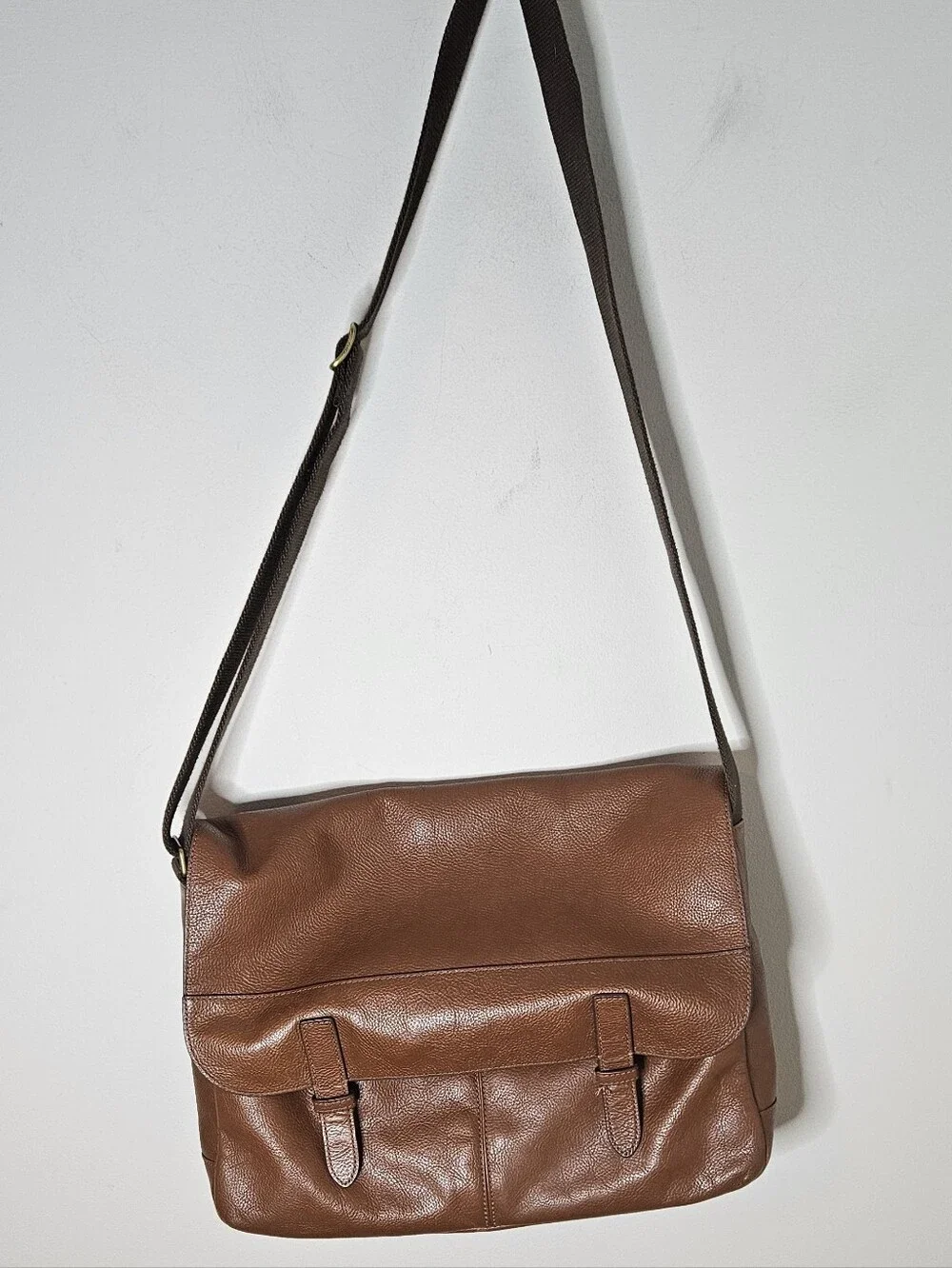 Fossil Buckner Messenger Bag Brown Leather Canvas Strap Cognac Brown